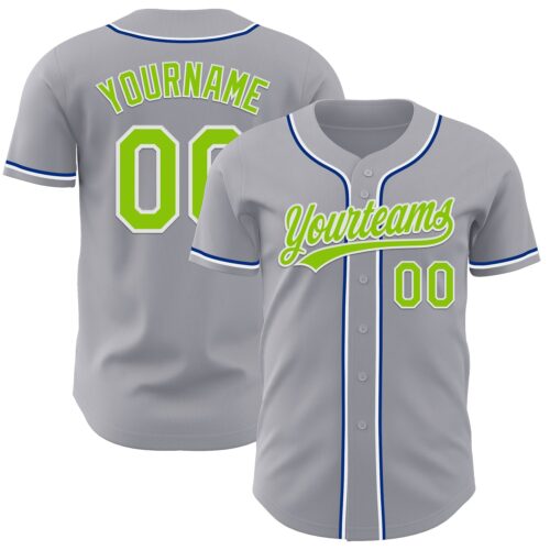Gray1161_256d233e-7981-4da8-a23d-3d2c24e960b5 Custom Gray Neon Green Royal-White Authentic Baseball Jersey
