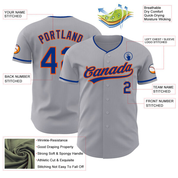 Custom Gray Royal-Orange Authentic Baseball Jersey
