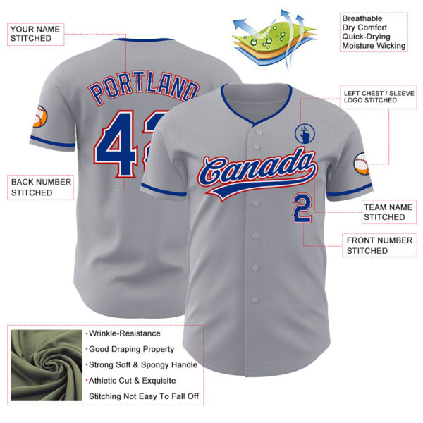 Custom Gray Royal White-Red Authentic Baseball Jersey