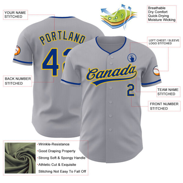 Custom Gray Royal-Yellow Authentic Baseball Jersey