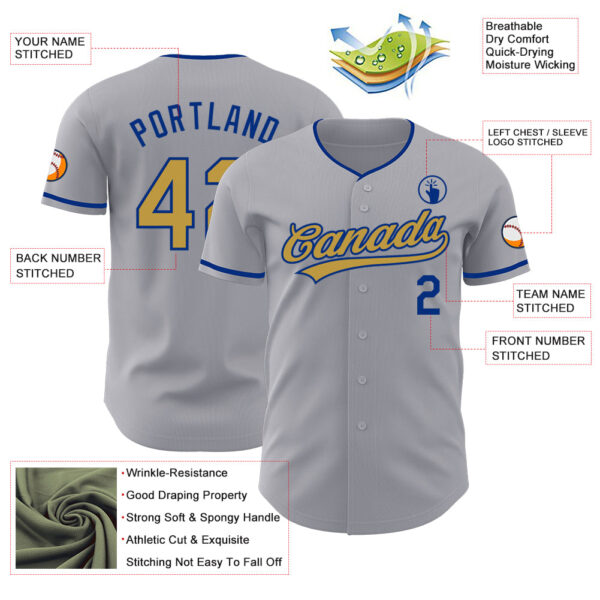 Custom Gray Old Gold-Royal Authentic Baseball Jersey