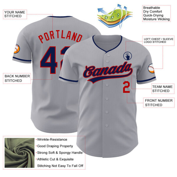 Custom Gray Navy-Red Authentic Baseball Jersey