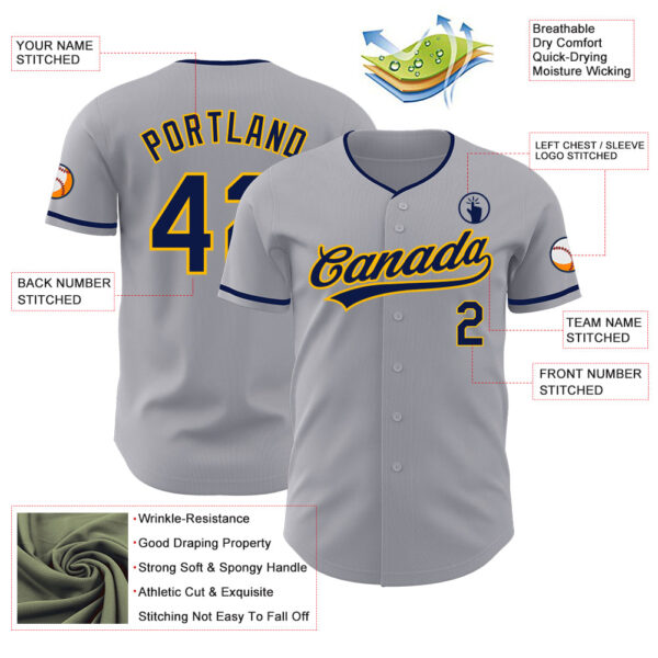 Custom Gray Navy-Gold Authentic Baseball Jersey