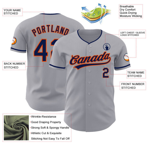 Custom Gray Navy-Orange Authentic Baseball Jersey