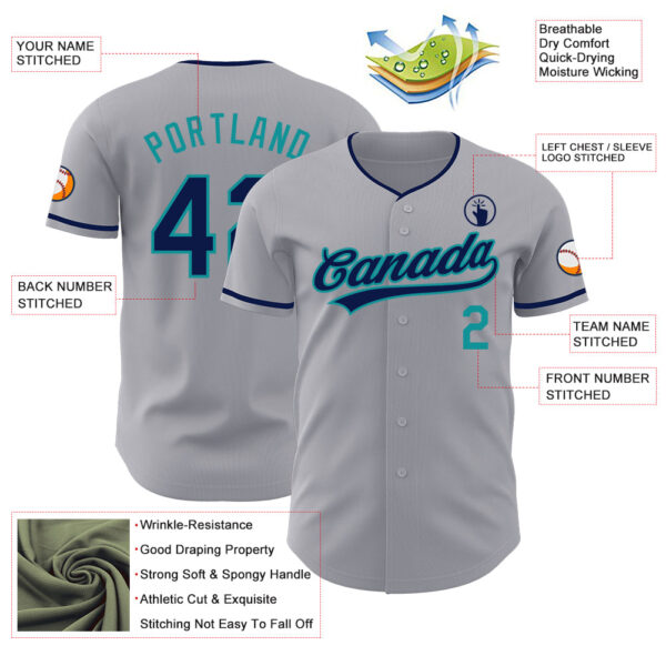 Custom Gray Navy-Teal Authentic Baseball Jersey