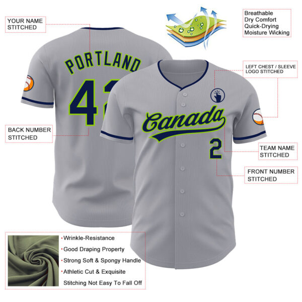 Custom Gray Navy-Neon Green Authentic Baseball Jersey