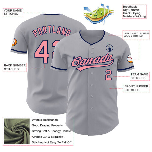 Custom Gray Medium Pink-Navy Authentic Baseball Jersey