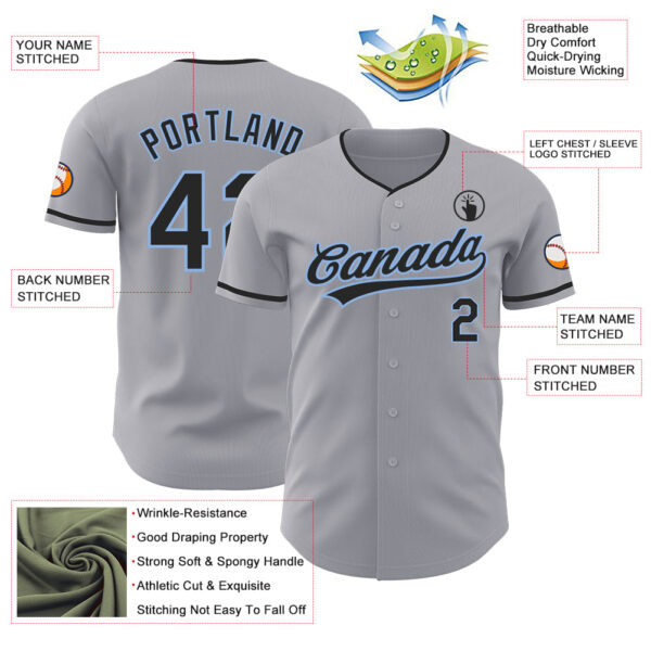 Custom Gray Black-Light Blue Authentic Baseball Jersey
