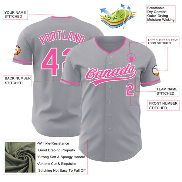 Custom Gray Pink-White Authentic Baseball Jersey