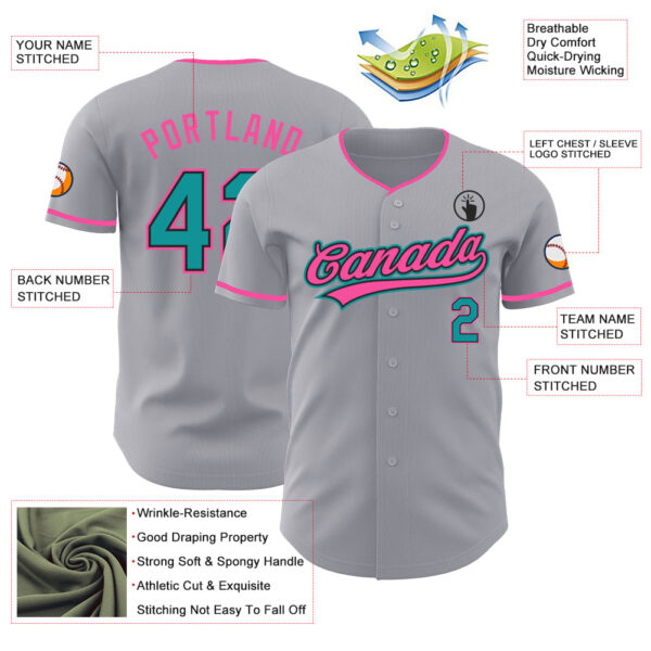 Custom Gray Teal Black-Pink Authentic Baseball Jersey
