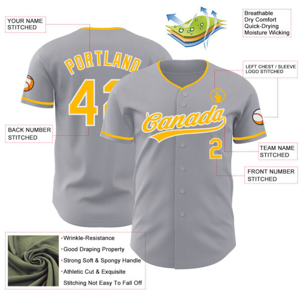 Custom Gray Gold-White Authentic Baseball Jersey