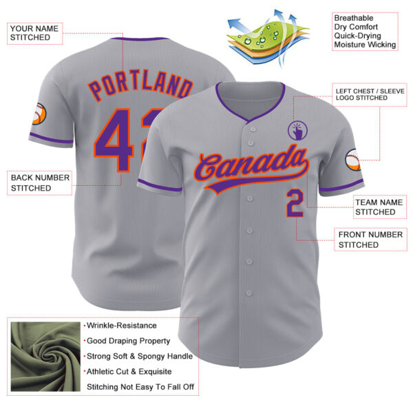 Custom Gray Purple-Orange Authentic Baseball Jersey