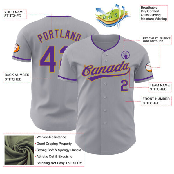 Custom Gray Purple-Old Gold Authentic Baseball Jersey