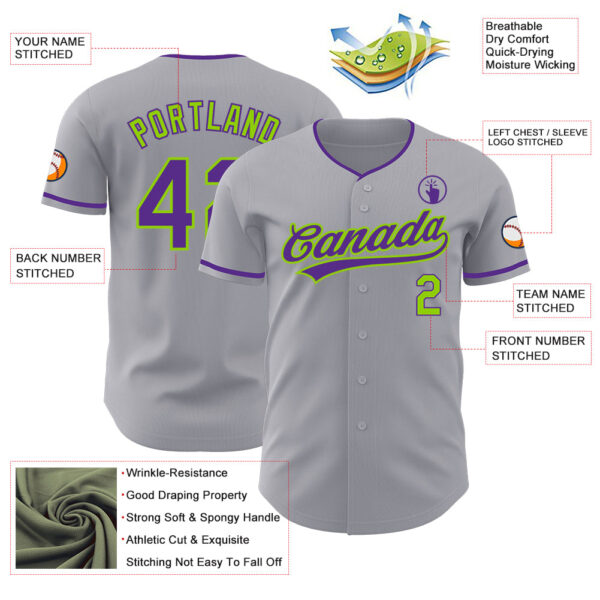 Custom Gray Purple-Neon Green Authentic Baseball Jersey