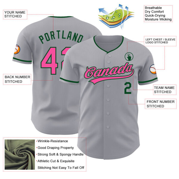 Custom Gray Pink-Green Authentic Baseball Jersey