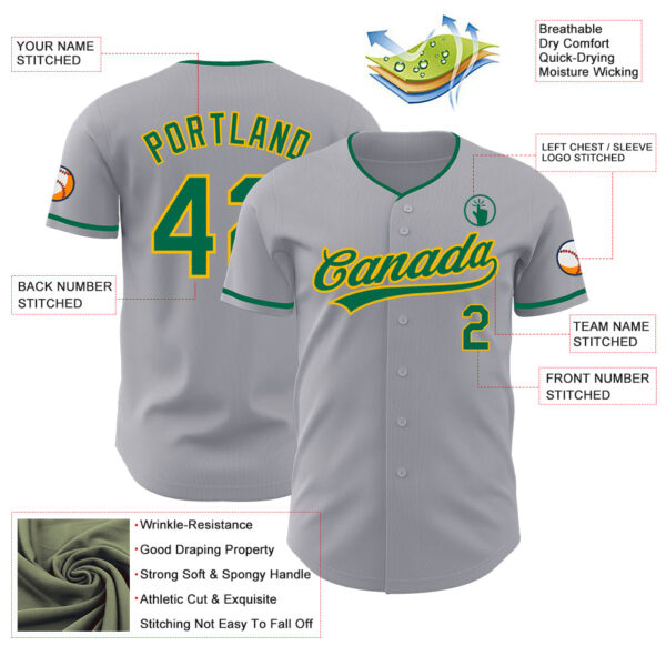 Custom Gray Kelly Green-Gold Authentic Baseball Jersey