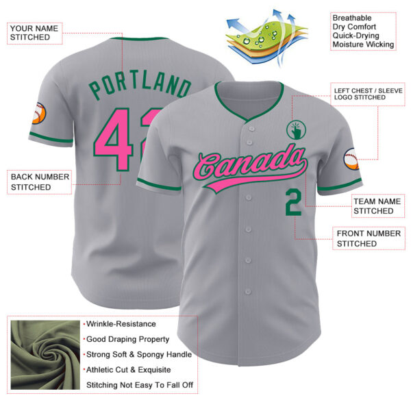 Custom Gray Pink-Kelly Green Authentic Baseball Jersey