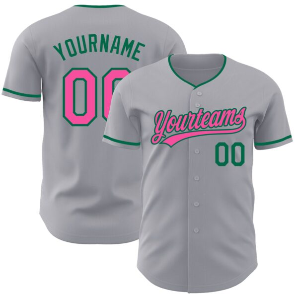 Custom Gray Pink-Kelly Green Authentic Baseball Jersey