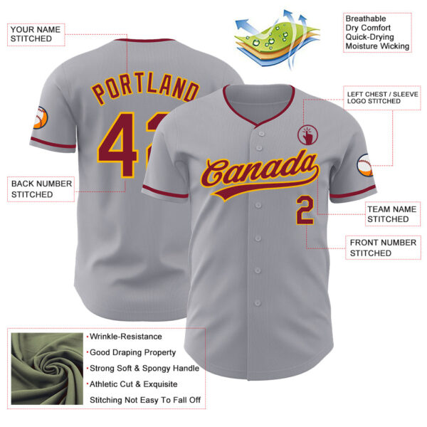 Custom Gray Crimson-Gold Authentic Baseball Jersey