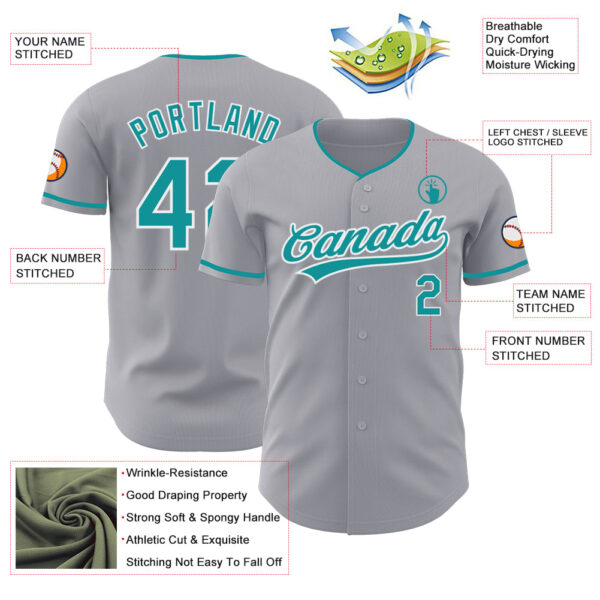 Custom Gray Teal-White Authentic Baseball Jersey