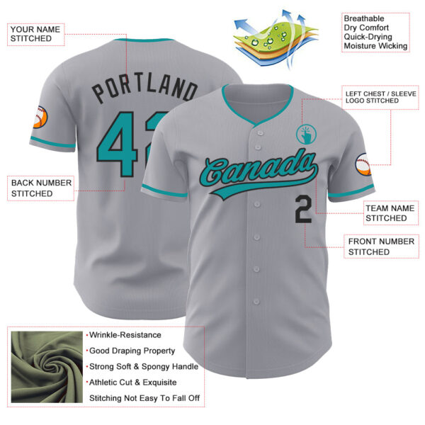 Custom Gray Teal-Black Authentic Baseball Jersey
