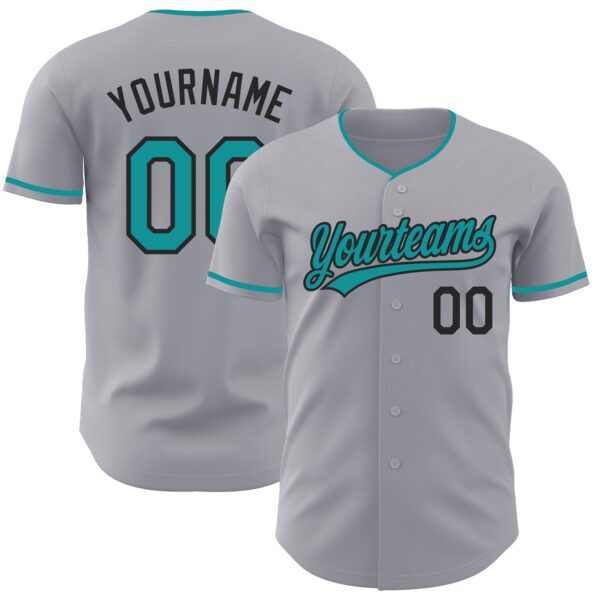 Custom Gray Teal-Black Authentic Baseball Jersey
