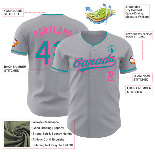 Custom Gray Teal-Pink Authentic Baseball Jersey