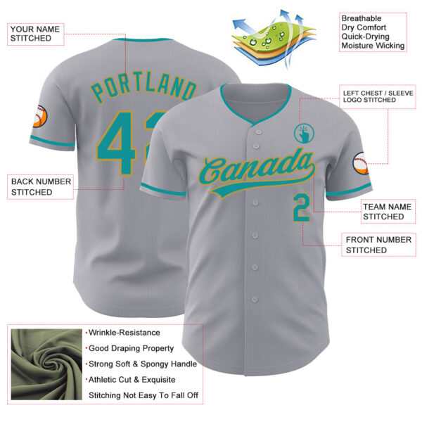 Custom Gray Teal-Old Gold Authentic Baseball Jersey