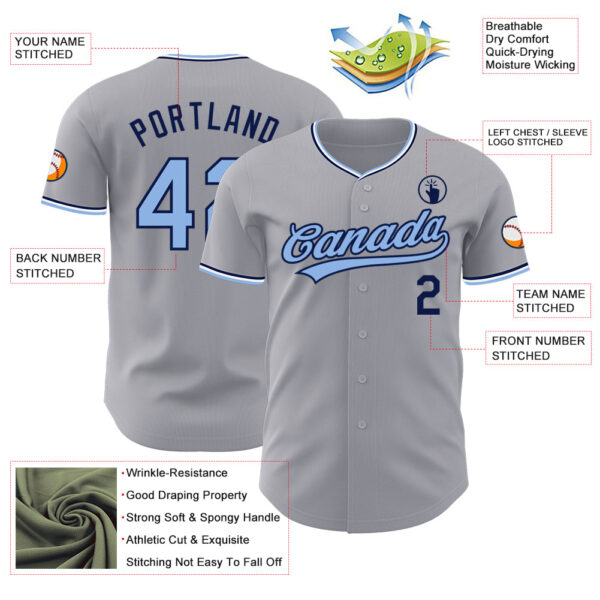 Custom Gray Light Blue Navy-White Authentic Baseball Jersey