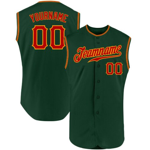 Green0144 Custom Green Red-Gold Authentic Sleeveless Baseball Jersey