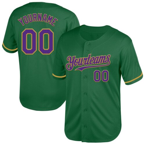 KellyGreen0563 Custom Kelly Green Purple-Old Gold Mesh Authentic Throwback Baseball Jersey