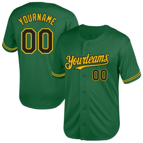 KellyGreen0576 Custom Kelly Green Black-Yellow Mesh Authentic Throwback Baseball Jersey