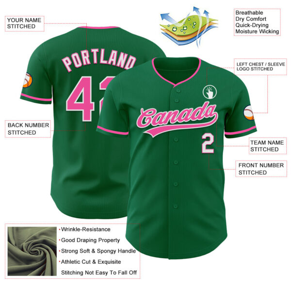 Custom Kelly Green Pink-White Authentic Baseball Jersey