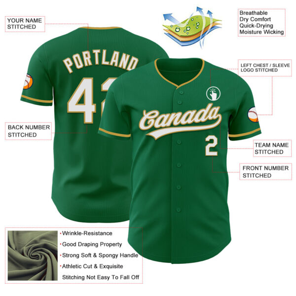 Custom Kelly Green White-Old Gold Authentic Baseball Jersey