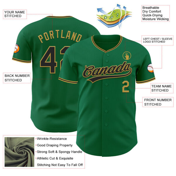 Custom Kelly Green Black-Old Gold Authentic Baseball Jersey