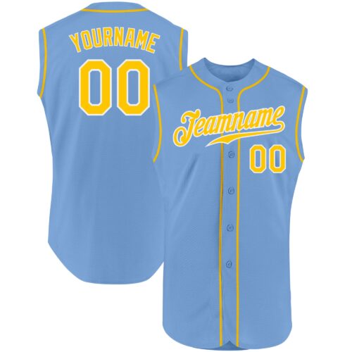 LightBlue0204 Custom Light Blue Gold-White Authentic Sleeveless Baseball Jersey