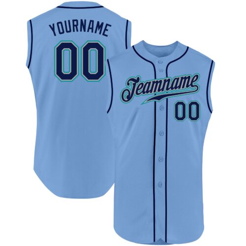 LightBlue0206 Custom Light Blue Navy-Teal Authentic Sleeveless Baseball Jersey