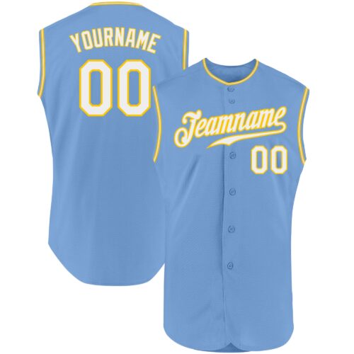 LightBlue0212 Custom Light Blue White-Gold Authentic Sleeveless Baseball Jersey