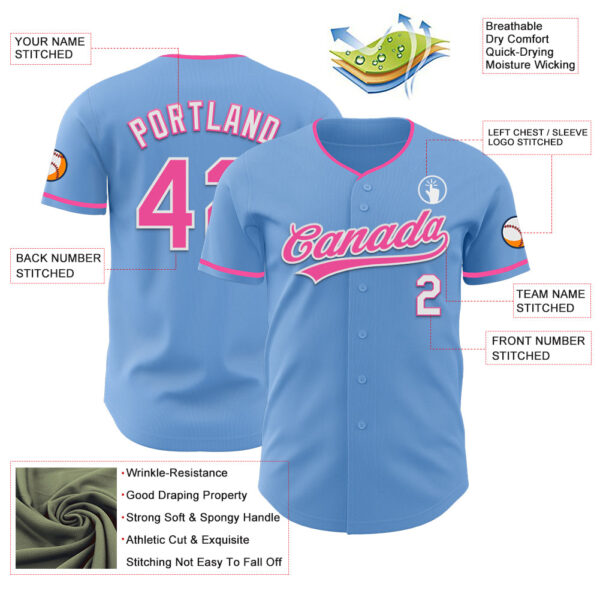 Custom Light Blue Pink-White Authentic Baseball Jersey