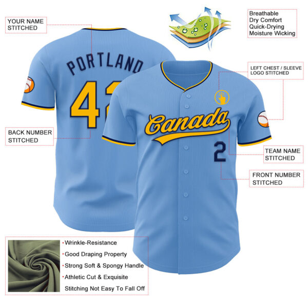 Custom Light Blue Gold-Navy Authentic Baseball Jersey