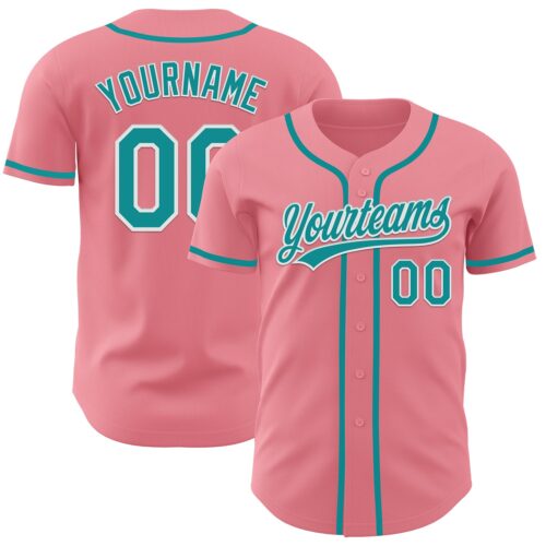 MediumPink0009 Custom Medium Pink Teal-White Authentic Baseball Jersey