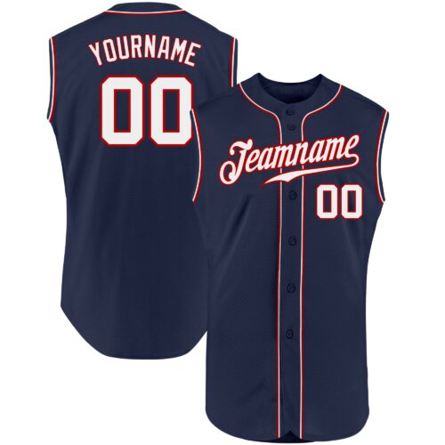 Navy0373 Custom Navy White-Red Authentic Sleeveless Baseball Jersey