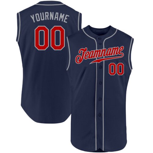 Navy0379 Custom Navy Red-Gray Authentic Sleeveless Baseball Jersey