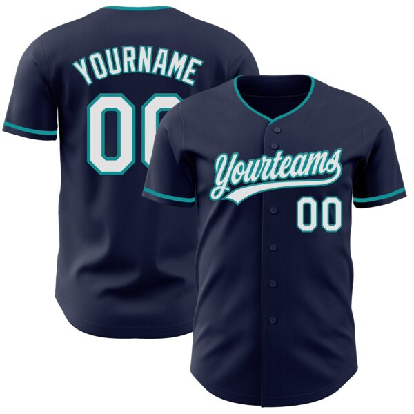 Custom Navy White-Teal Authentic Baseball Jersey