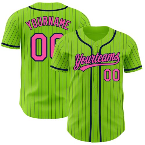 NeonGreen0132 Custom Neon Green Navy Pinstripe Pink Authentic Baseball Jersey