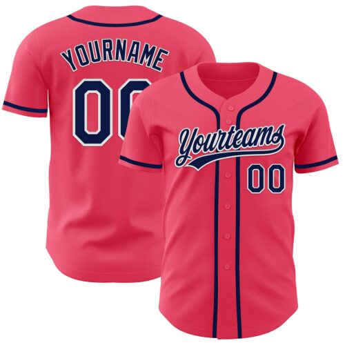 NeonPink0003 Custom Neon Pink Navy-White Authentic Baseball Jersey