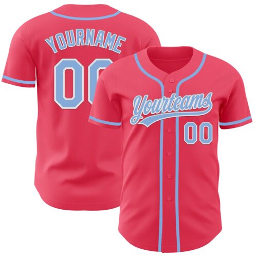 NeonPink0008 Custom Neon Pink Light Blue-White Authentic Baseball Jersey