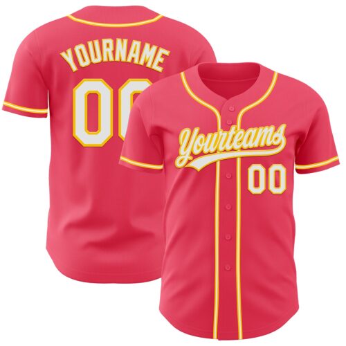 NeonPink0013 Custom Neon Pink White-Yellow Authentic Baseball Jersey