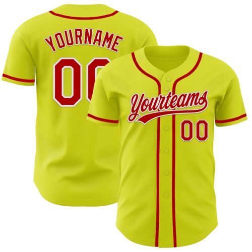 NeonYellow0001 Custom Neon Yellow Red-White Authentic Baseball Jersey