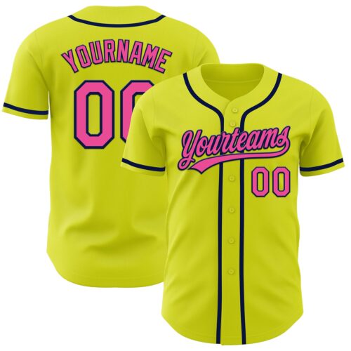 NeonYellow0005 Custom Neon Yellow Pink-Navy Authentic Baseball Jersey